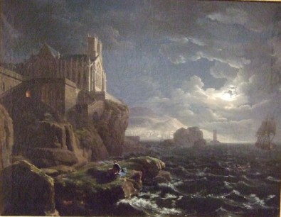 1806 Lancelot-Théodore Turpin de Crissé − Les adieux de René à sa sœur : la peinture romantique dans toute sa subtilité (falaises escarpées, couvent gothique, tempête, reflets lunaires...) qui feront regretter à Chateaubriand d'avoir écrit René.