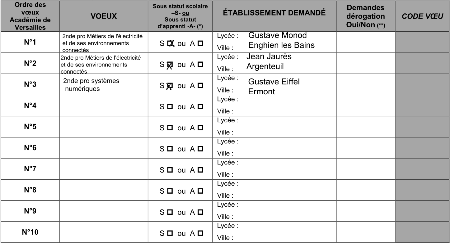 voeux 2nde pro