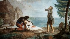 La mort de Virginie, gravure en couleurs de Legrand d'après Michel Lambert, fin XVIIIe siècle (détail). Lorient, Musée de la Compagnie des Indes.