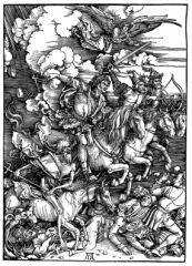 Les Quatre Cavaliers de l'Apocalypse, par A. DÜRER (1471-1528), gravure sur bois, 39x28 cm, exposé à la Staaliche Kunbsthalle à Karlsruhe en Allemagne