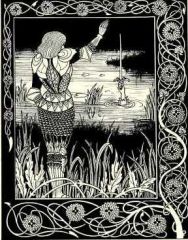 Exalibur rejetée dans le lac. Illustration de Aubrey BEARDSLEY (1894)  pour Le Morte d'Arthur de T. MALORY