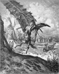 Don Quichotte sur Rossinante combat un moulin, Sancho à l'arrière-plan, Gustave Doré [Public domain], via Wikimedia Commons