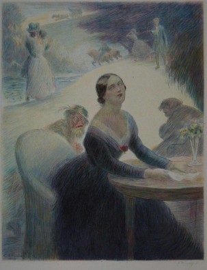Ilustration de Charles Léandre (1862 - 1934) pour le livre Madame Bovary, gravé à l’eau-forte en couleur par Eugène Decisy. Frontispice.https://commons.wikimedia.org/wiki/File:Leandre_-_Madame_Bovary_frontispice.jpg