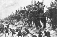 Bataille de Zama en 202 av. J.C ; Deuxième guerre punique : Scipion l'Africain, un général romain, affronte les éléphants d'Hannibal le Carthaginois ; dessin de Henri-Paul MOTTE, 1890.