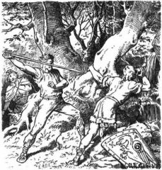 La mort de Siegfried (1901), par Johannes GERHTS et Eduard ADE ; https://commons.wikimedia.org/wiki/File:Siegfrieds_Tod_by_Johannes_Gehrts.jpg