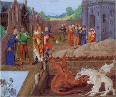 Enluminure du XVe siècle pour l'Histoire des Rois de Bretagne : Vortigern assiste au combat des deux dragons