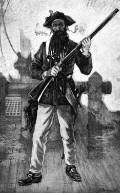 Barbe-Noire avec un fusil, Edward EGGLESTON (1895) "The Last Battle of Blackbeard" dans Stories of American Life and Adventure